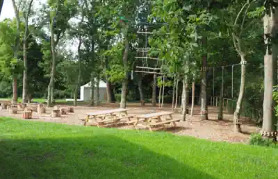 Low ropes course and picnic tables among trees on the grounds of Sporthostel Schubybeach