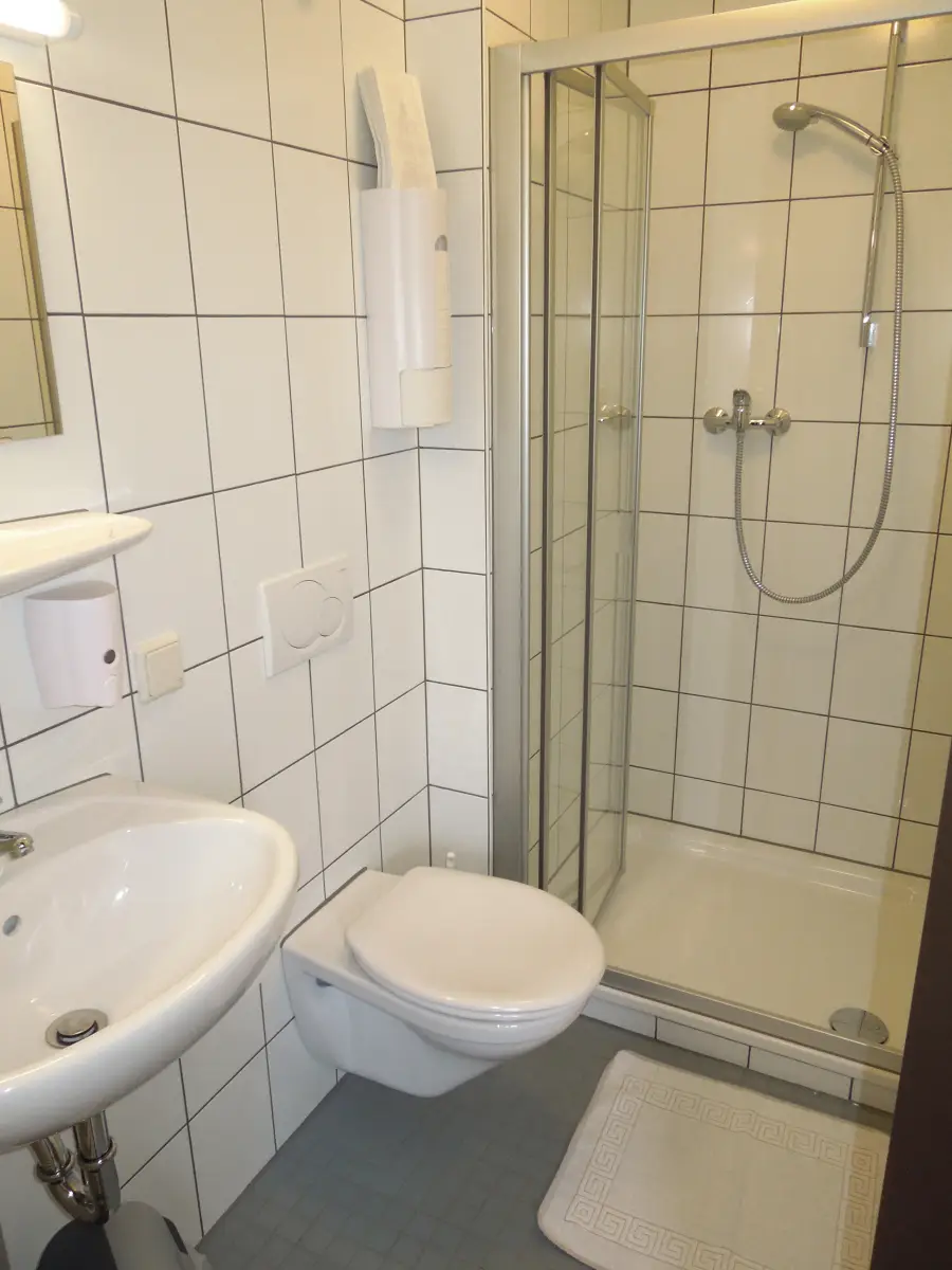 A tiled shower room with a glass cubicle, washbasin and toilet at the Ferienanlage Marienberg