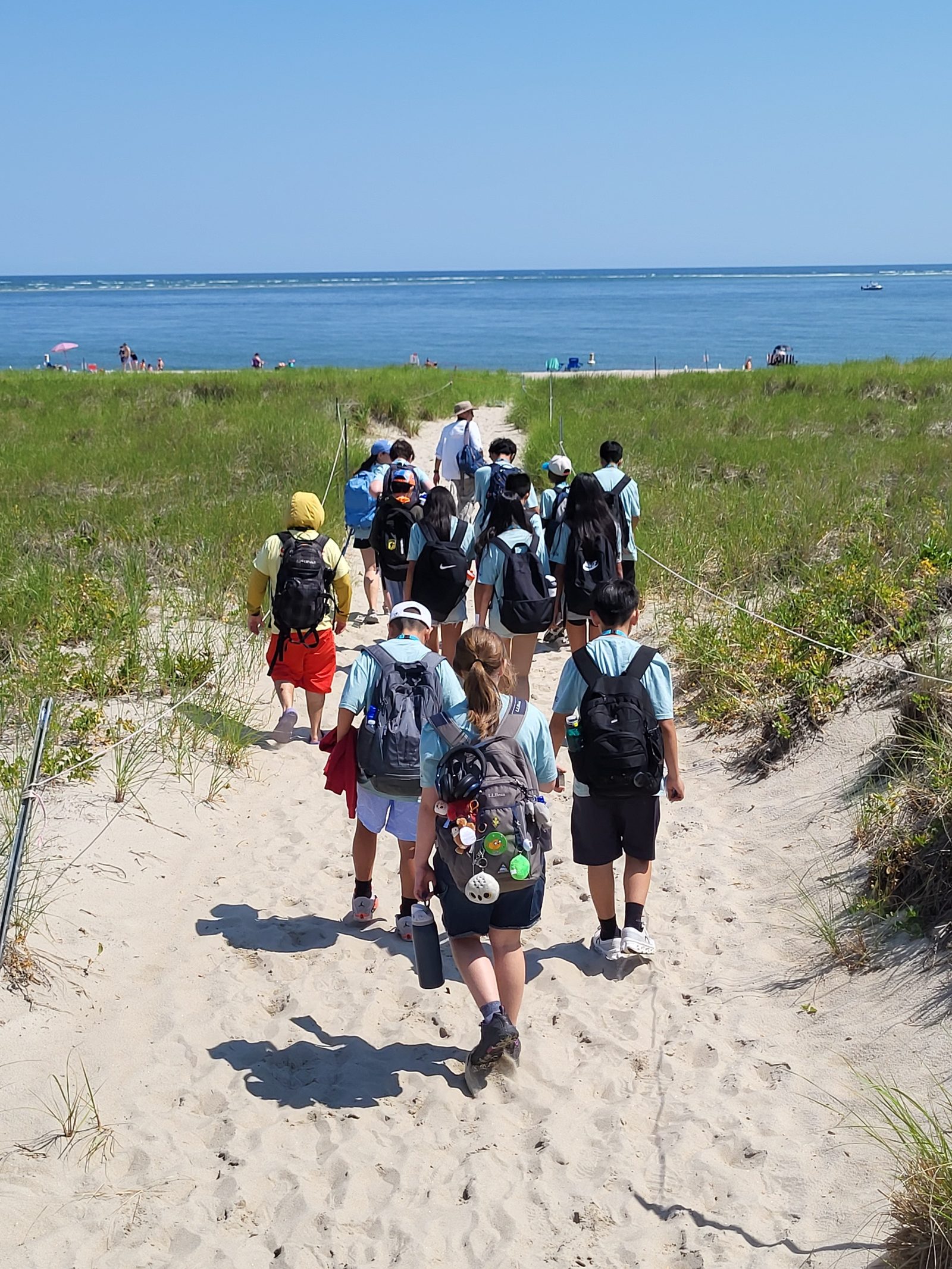 A line of students with day packs walks single file along a sandy path through dune grass during a group excursion.