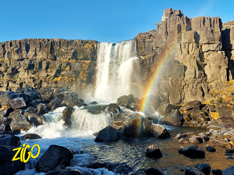 A waterfall in Iceland with a rainbow