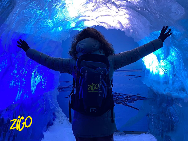 Inside a blue ice cave