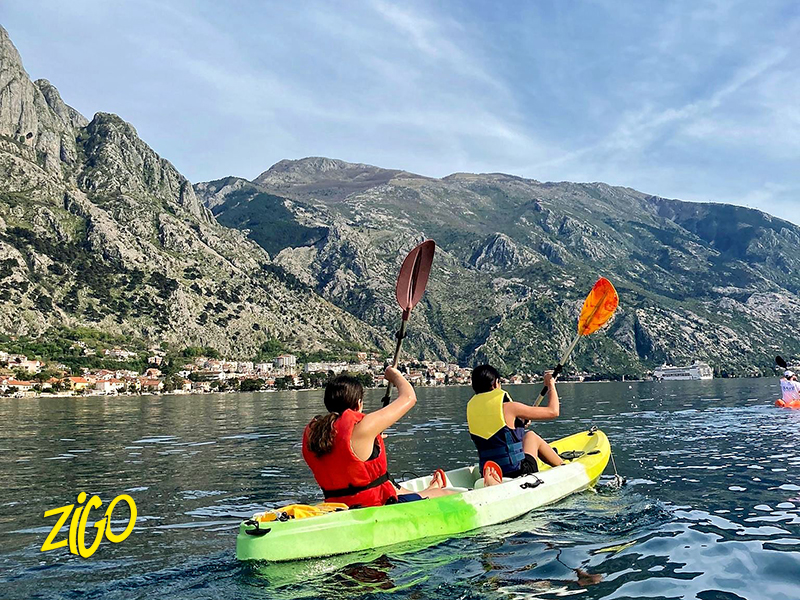 Kayaking on the water in the Bay of Kotor