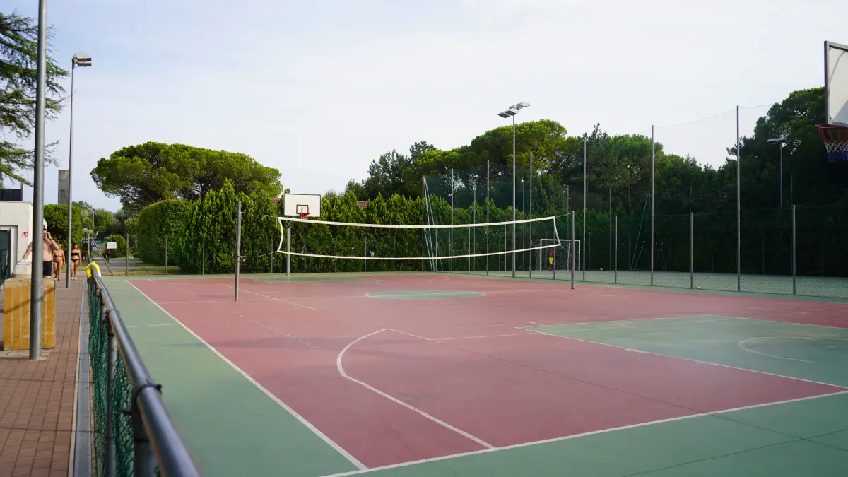 Outdoor sports court with a volleyball net and basketball hoops, lined with trees