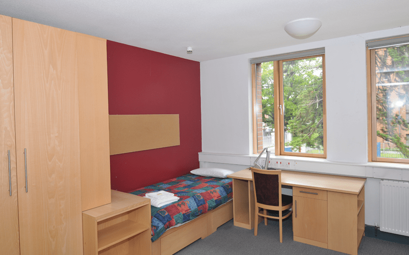 Single study bedroom at Trinity Hall: single bed, wardrobe, desk and chair, bedside shelf and two windows.