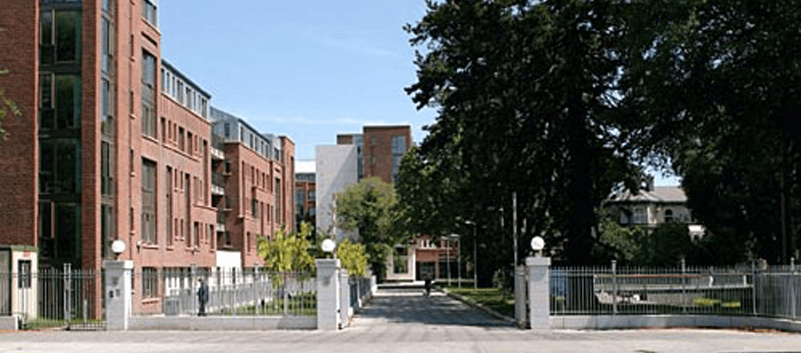 Gated entrance to the Trinity Hall residence: white gate piers with lamp globes, a tarmac driveway, red-brick residence blocks along the left and mature trees lining the drive.