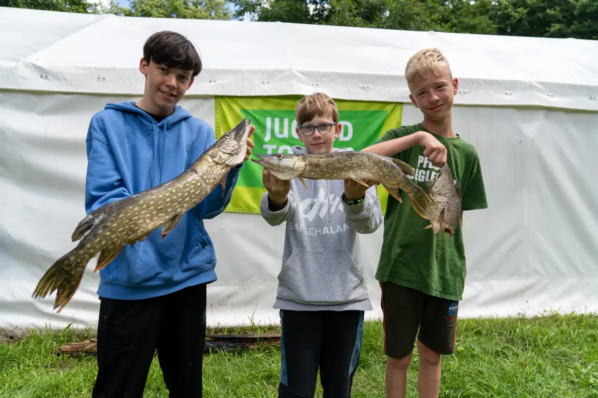 Three campers holding up a large pike they have caught, in front of the camp tent
