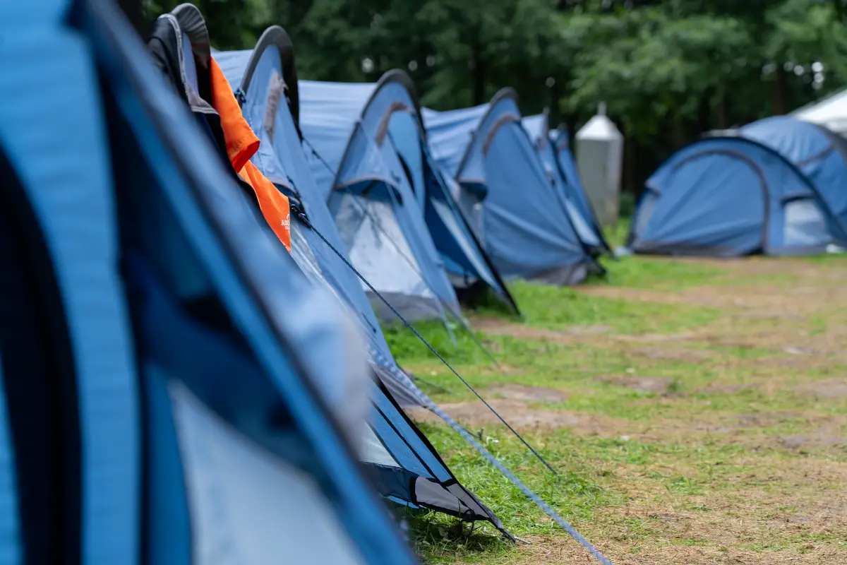 A line of blue and grey igloo sleeping tents pitched along the grass at the campsite