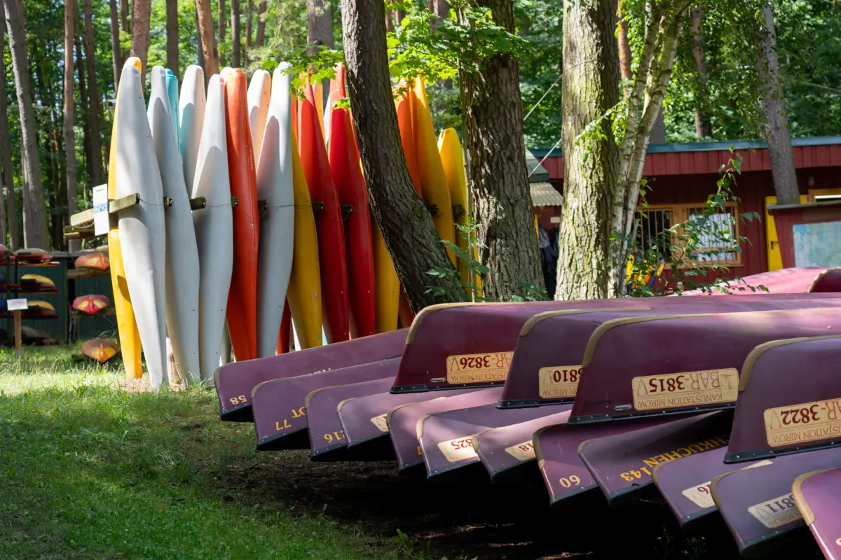 Racks of kayaks and rows of pedal boats stored under the trees at the Kanustation