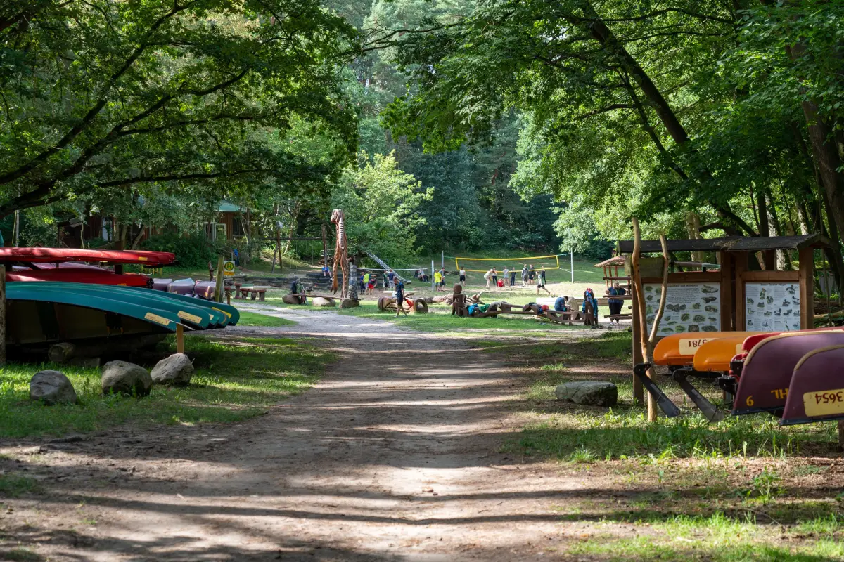 A sandy track running through the campsite past stored boats and a wooden hut