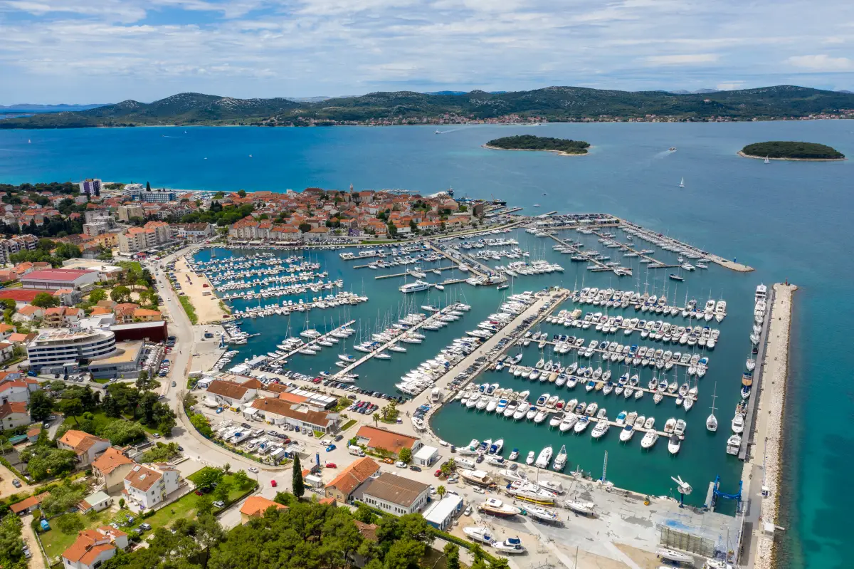 Aerial view of Biograd na Moru with its marina and the islands beyond