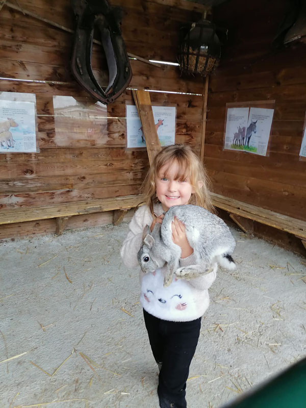 A young girl sitting in the wooden rabbit pen with two rabbits at the teaching farm