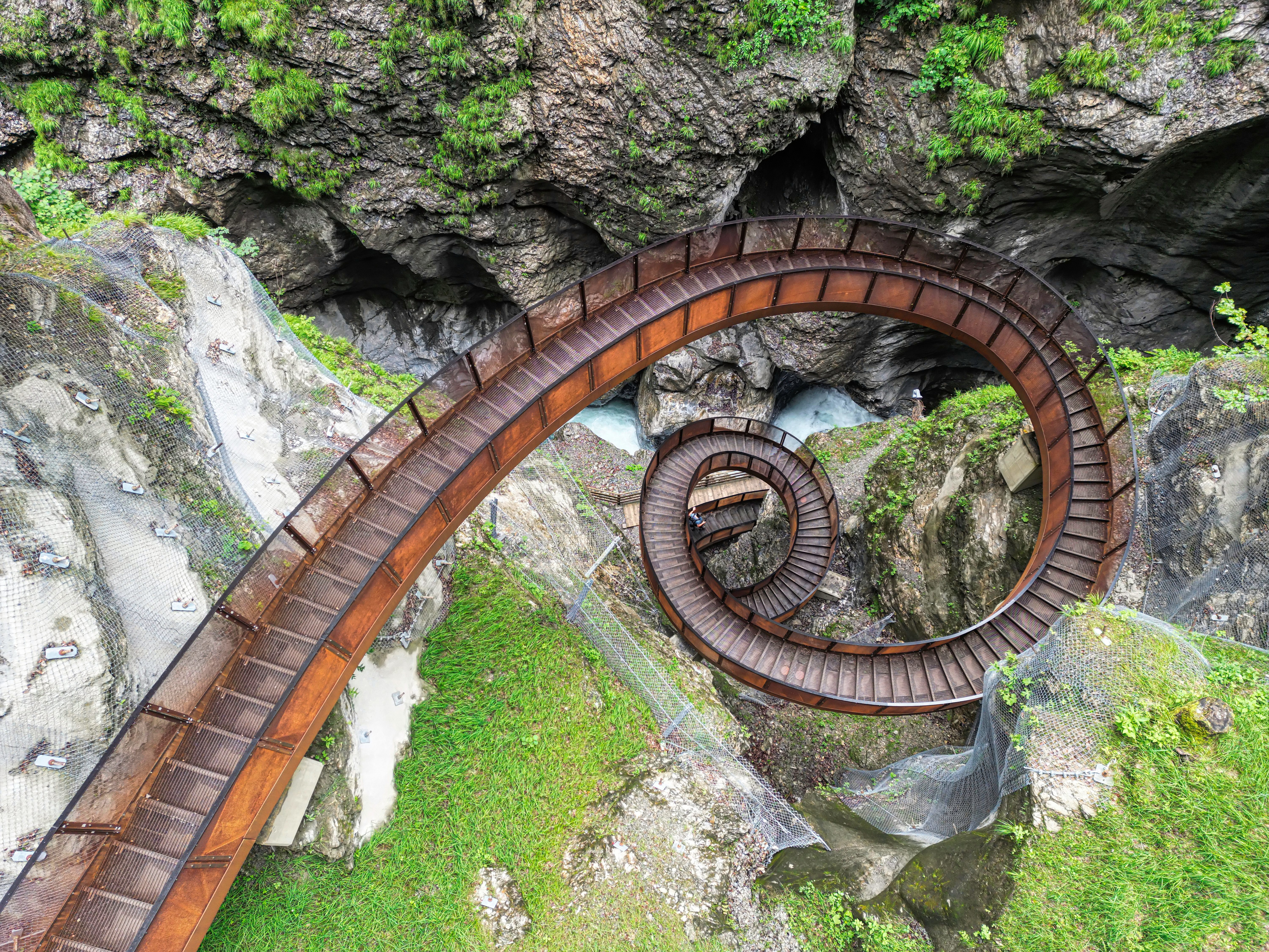 Spiral staircase leading down into the gorge