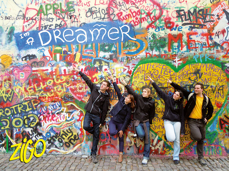 The group at the John Lennon wall in Prague