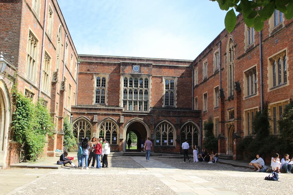 Students at breaktime in Flint Court on the Winchester campus