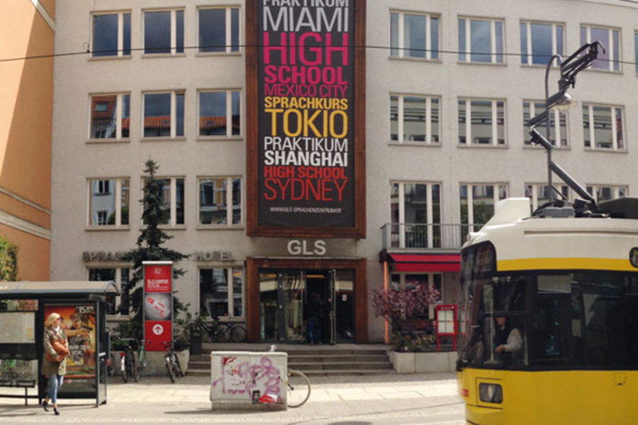 Facade of the GLS Campus on Kastanienallee, a famously trendy street in the very center of Berlin.