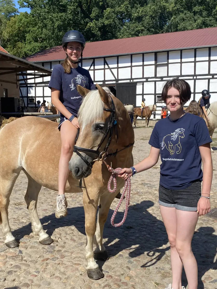 A girl riding a Haflinger led by a helper in a Haflingerhof T-shirt in the covered riding school