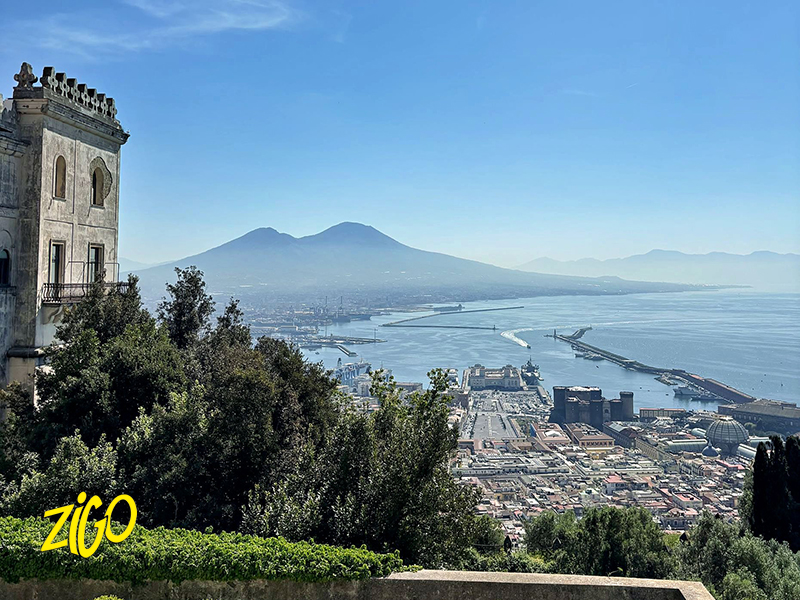 View over the bay of Naples with Mount Vesuvius on the horizon, seen from a hillside terrace