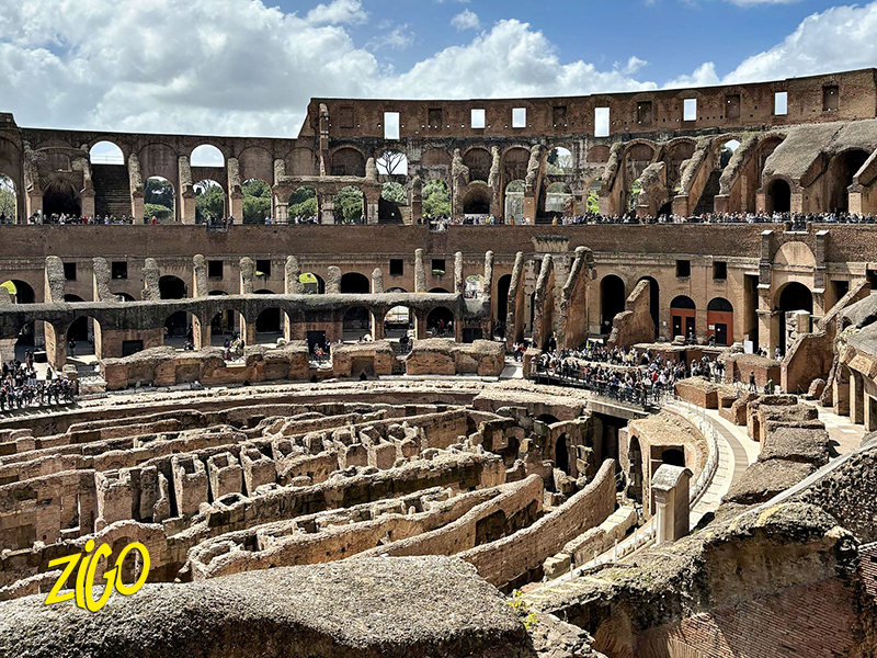 The tiered seating and exposed underground passages inside the Colosseum arena