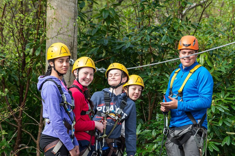 Camp participants in helmets and outdoor activity equipment at Killary