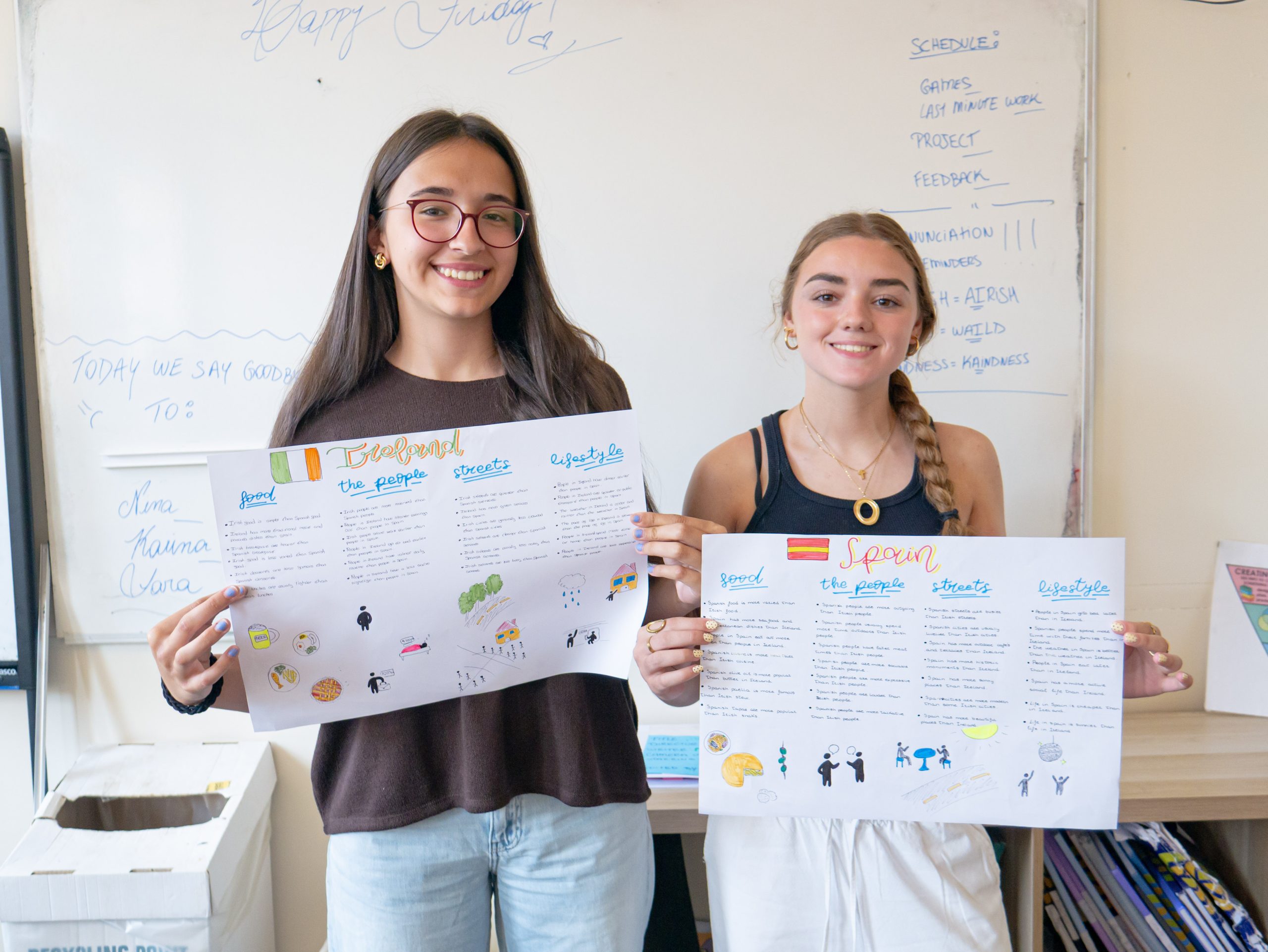 Two students in a classroom holding up posters about Ireland and Spain made for a class presentation at Manor House, Raheny