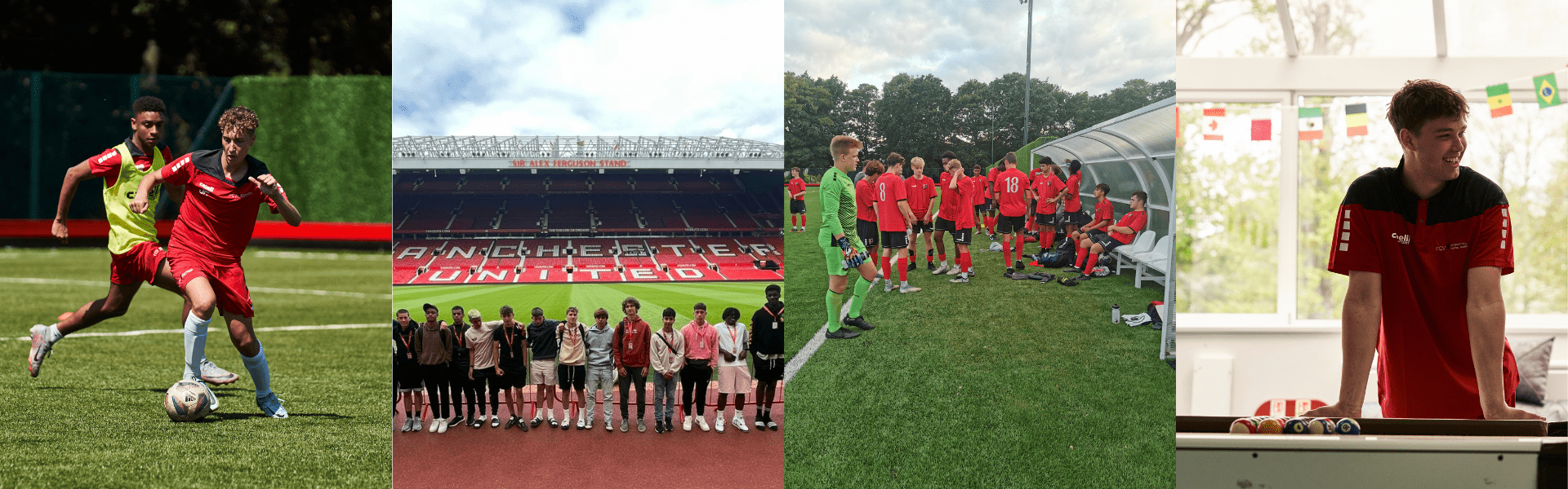 banner of images showing training a trip to old trafford match warmup and playing pool