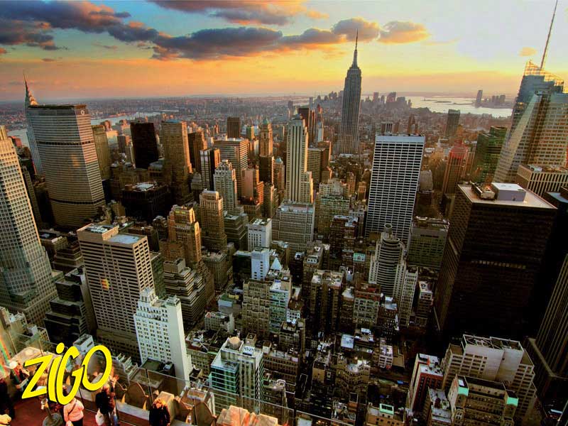 Manhattan skyscrapers seen from above at sunset
