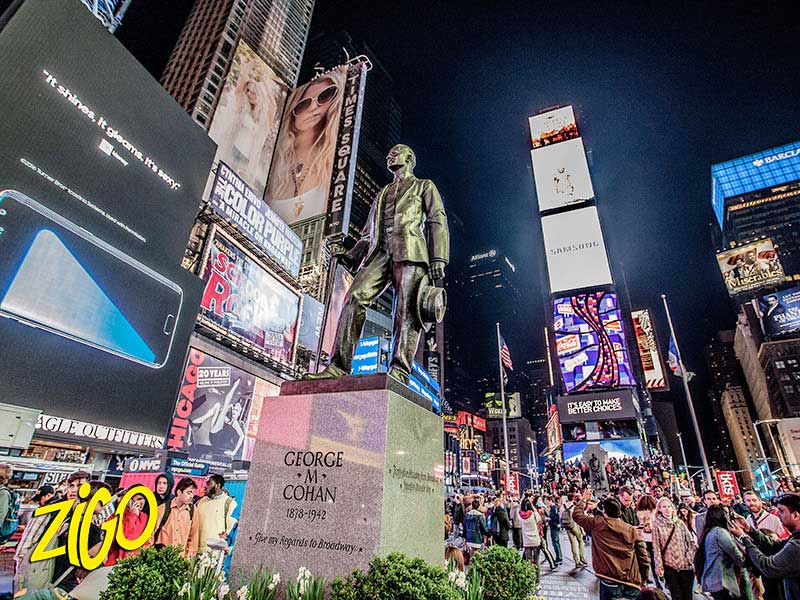 Illuminated screens and crowds in Times Square at night