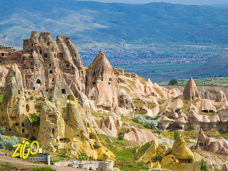 Cave dwellings cut into the rock of Cappadocia