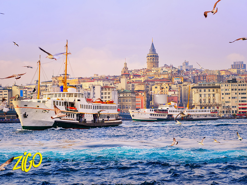 Ferries on the water below the Galata tower