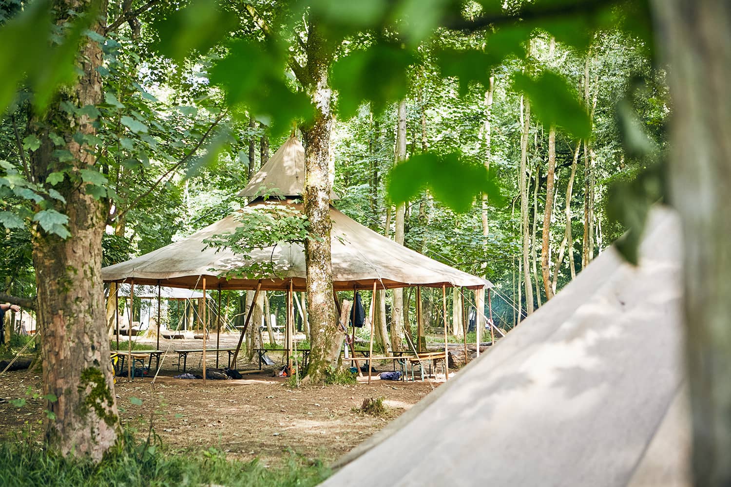 Camp Wilderness tent pitched in the woods