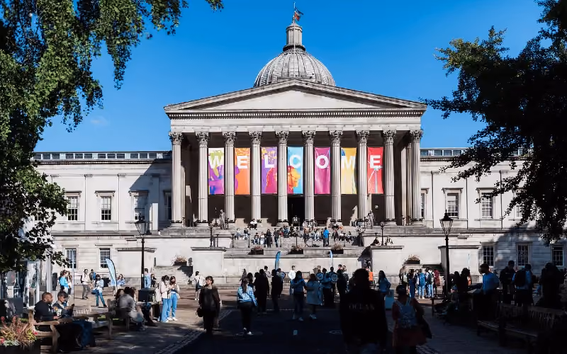 The Portico of the University College London main building on Gower Street, the university that hosts the Sol Camps London teen camp