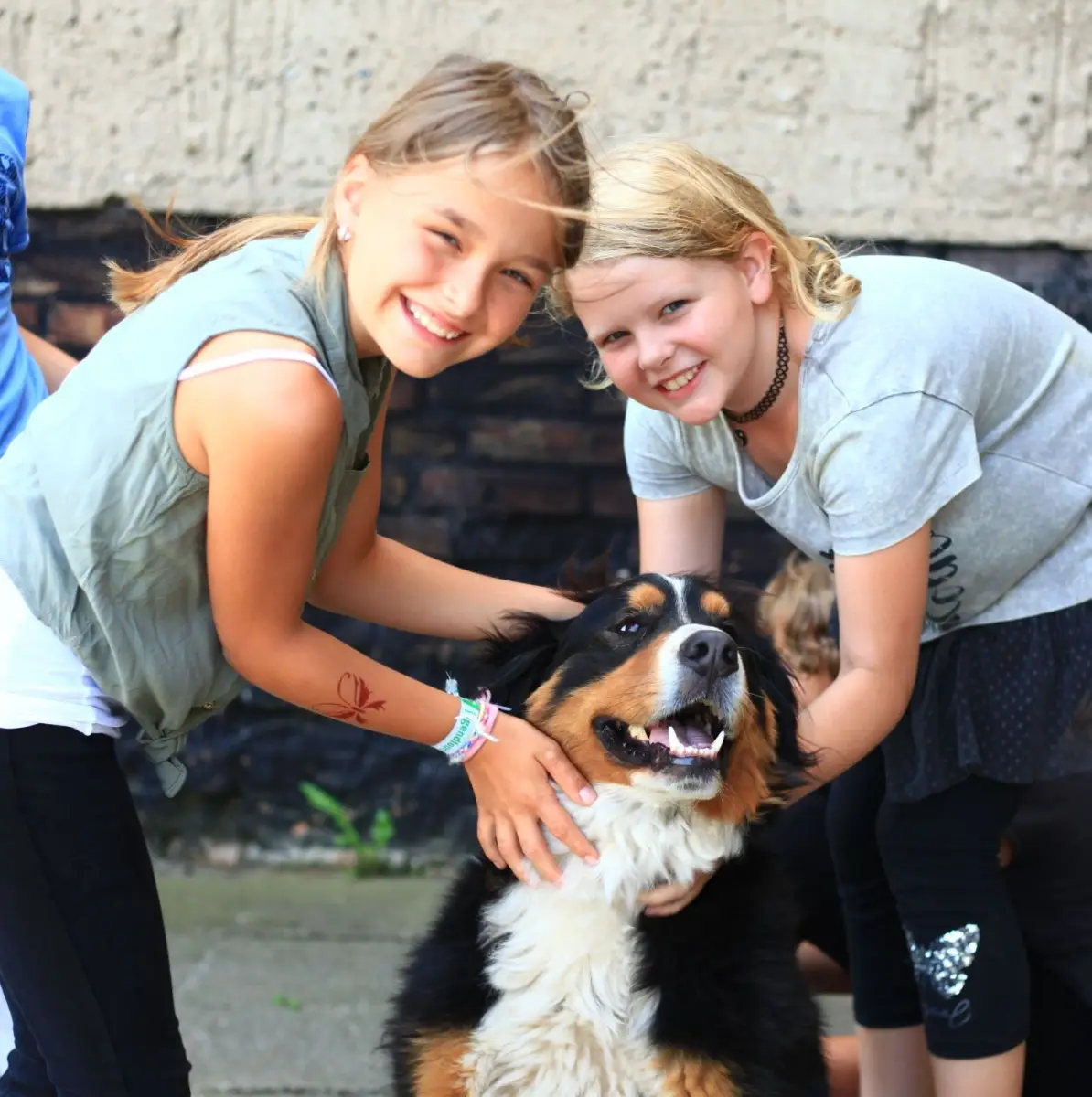 Two girls crouching to pet a Bernese mountain dog on the farm