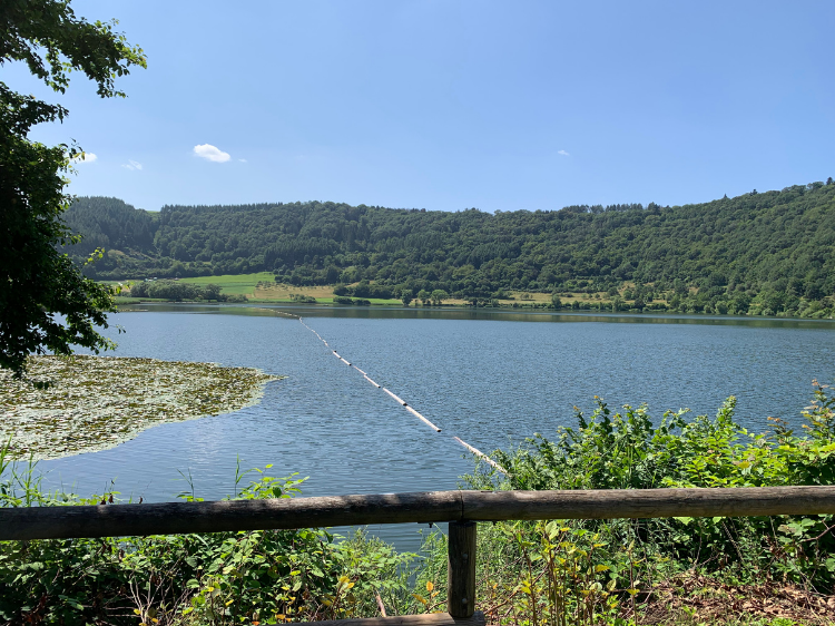 View over the Meerfelder Maar crater lake and wooded hills, the destination of the camp's hike and swim