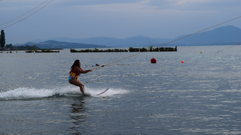Participant water-skiing on the cable lift on Lake Neuchatel at Estavayer-le-Lac