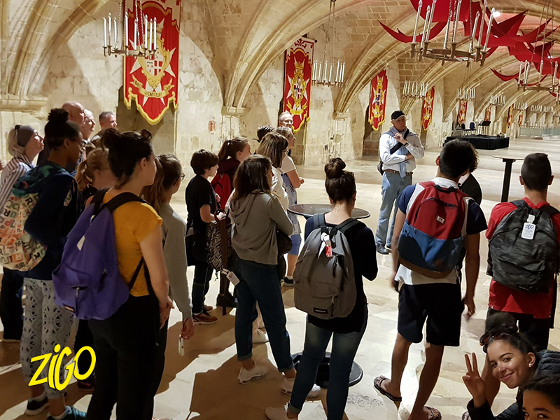 Group of visitors standing under the painted and banner-hung vault of a historic hall in Valletta