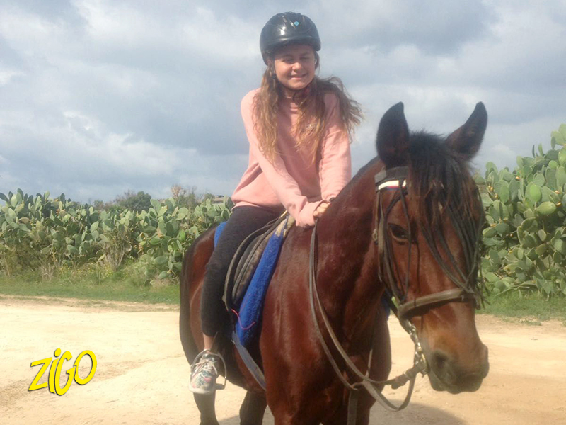 Participant in a riding helmet mounted on a horse on sandy ground