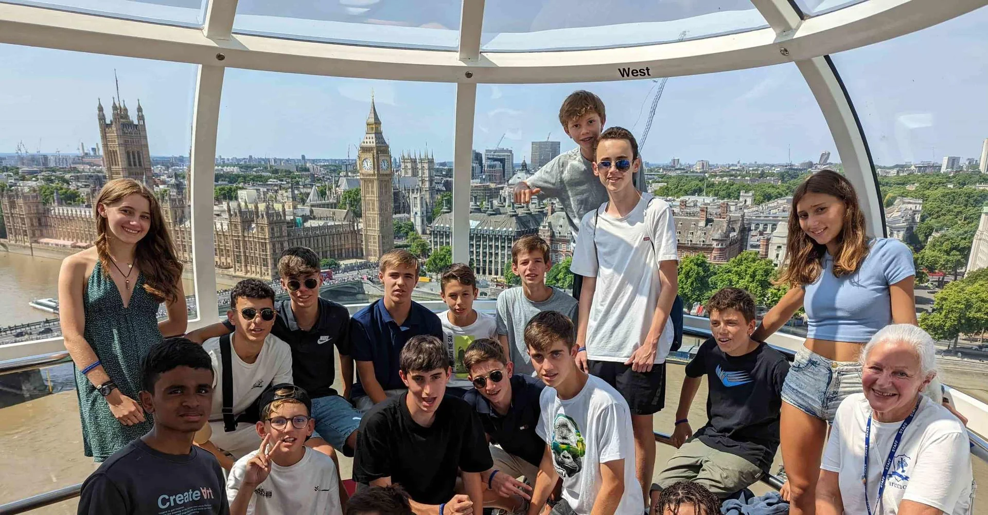 Claremont Summer School students inside a London Eye capsule overlooking Westminster