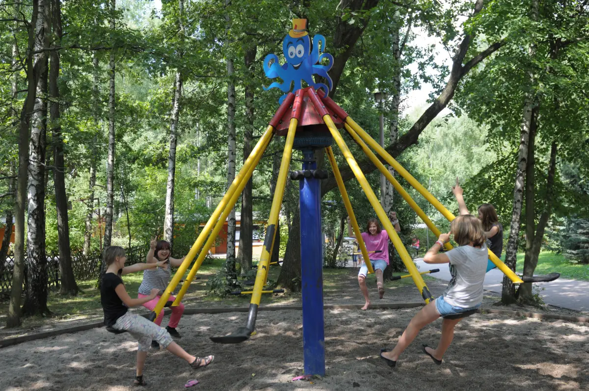 Children on a playground roundabout swing among the trees
