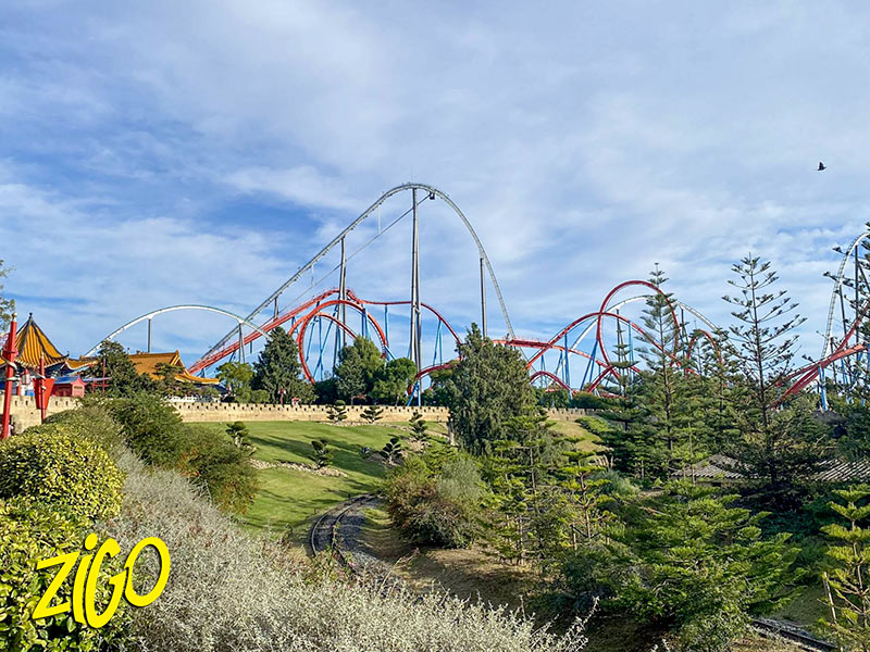 Red and blue roller coaster track curving above the trees of the theme park