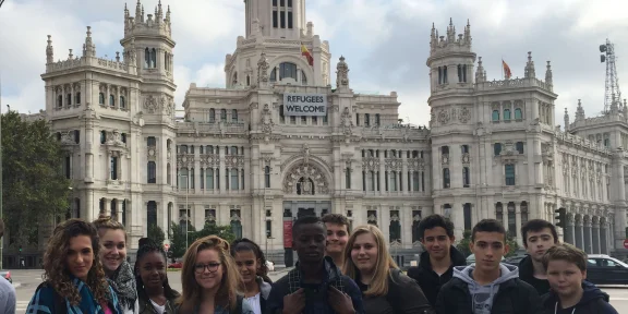 Group in front of the Cybele Palace on Plaza de Cibeles in Madrid