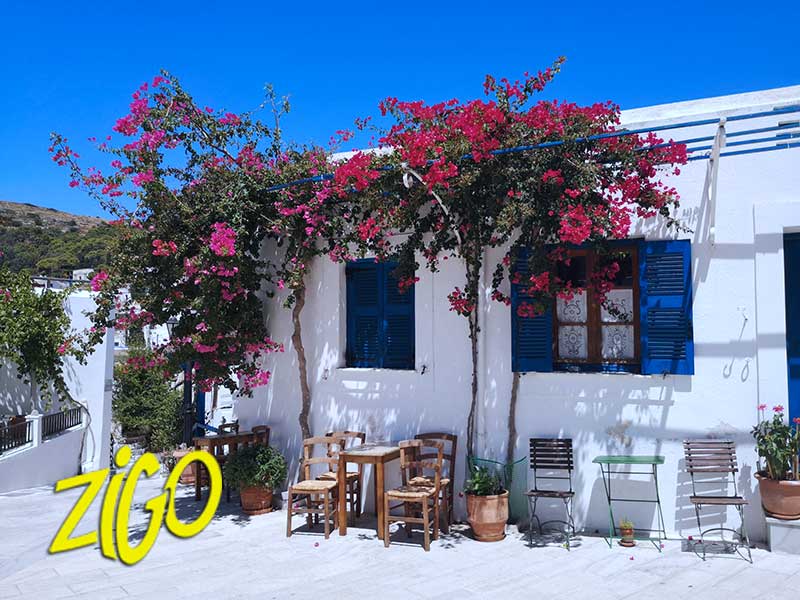Whitewashed house with blue shutters and bougainvillea over the terrace in a Greek village lane
