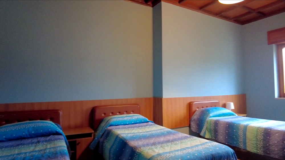 A bedroom at Villa Sancelso with single beds made up in striped covers against pale blue walls and a wood-panelled dado